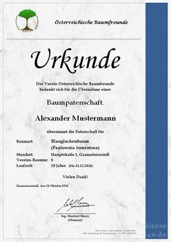 Urkunde Baumpatenschaft